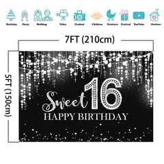 Mocsicka Sweet 16 Birthday Backdrop Glitter Silver 7x5ft,