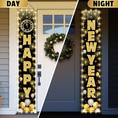 2026 Happy New Year Banner with String Lights, 72×12 Inch Large Front Door Po…