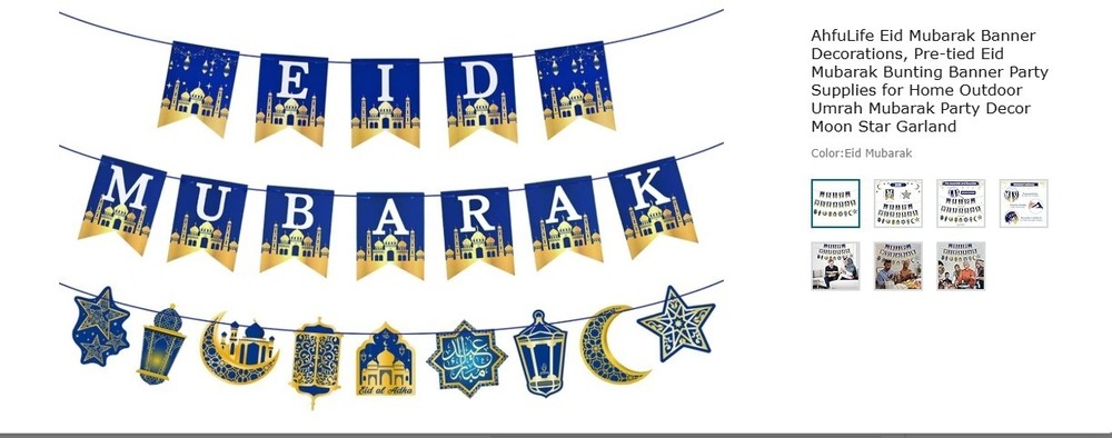 AhfuLife Eid Mubarak Banner Decorations, Pre-tied Eid Mubarak Bunting Banner Par