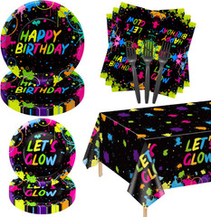 81 Pieces Glow Neon Party Supplies – Glow in the Dark Birthday Plates, Fluoresce