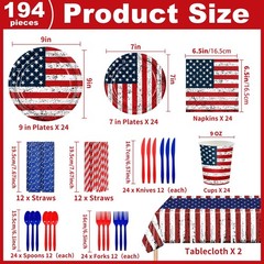 194Pcs Vintage Patriotic Party Supplies Set- American 9, Tableware