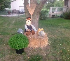 Large Stuffable Scarecrow in Witch Hat Fall / Halloween Porch Sitter 40″H #147