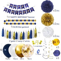 Birthday Decorations for Men, Navy Blue and Gold Party Decorations Set –