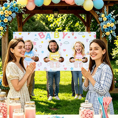 2Pcs Feed Me Baby Shower Game Backdrop, Funny Blindfold Feeding Baby Game Banner