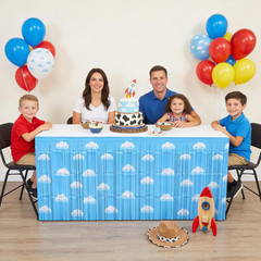 Blue Sky White Clouds Metallic Foil Tinsel Fringe Table Skirt Birthday Party Dec