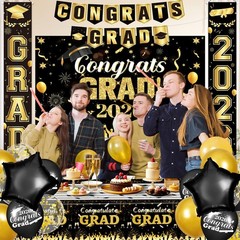2026 Graduation Party Supplies Set – Black Gold Decor, Backdrop, Banner, Balloon