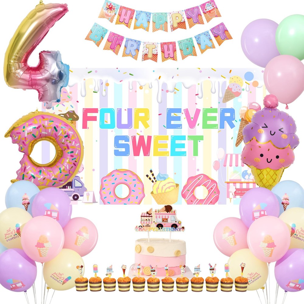 Four Ever Sweet Ice Cream Birthday Party Decorations for Girl, 4 Year Old Gir…