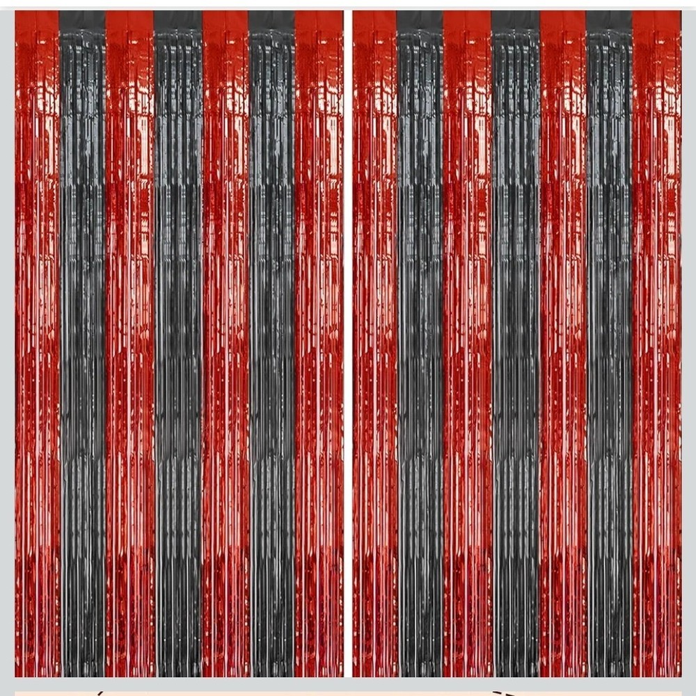Foil Fringe Backdrop Party Streamers NEW -Black & Red -2 Pack -( 2ft X 8.2ft )
