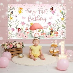 Fairy First Birthday Backdrop Banner – 6×3.6 ft Pink Fairy “One” Party