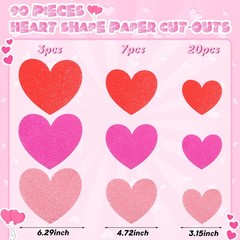 90 Pcs 3 Color Valentines Day Glitter Heart Paper Cutouts Window Clings Party