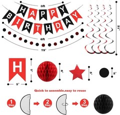Vibrant Red & Black Birthday Decorations Set with Banner & Honeycomb Balls