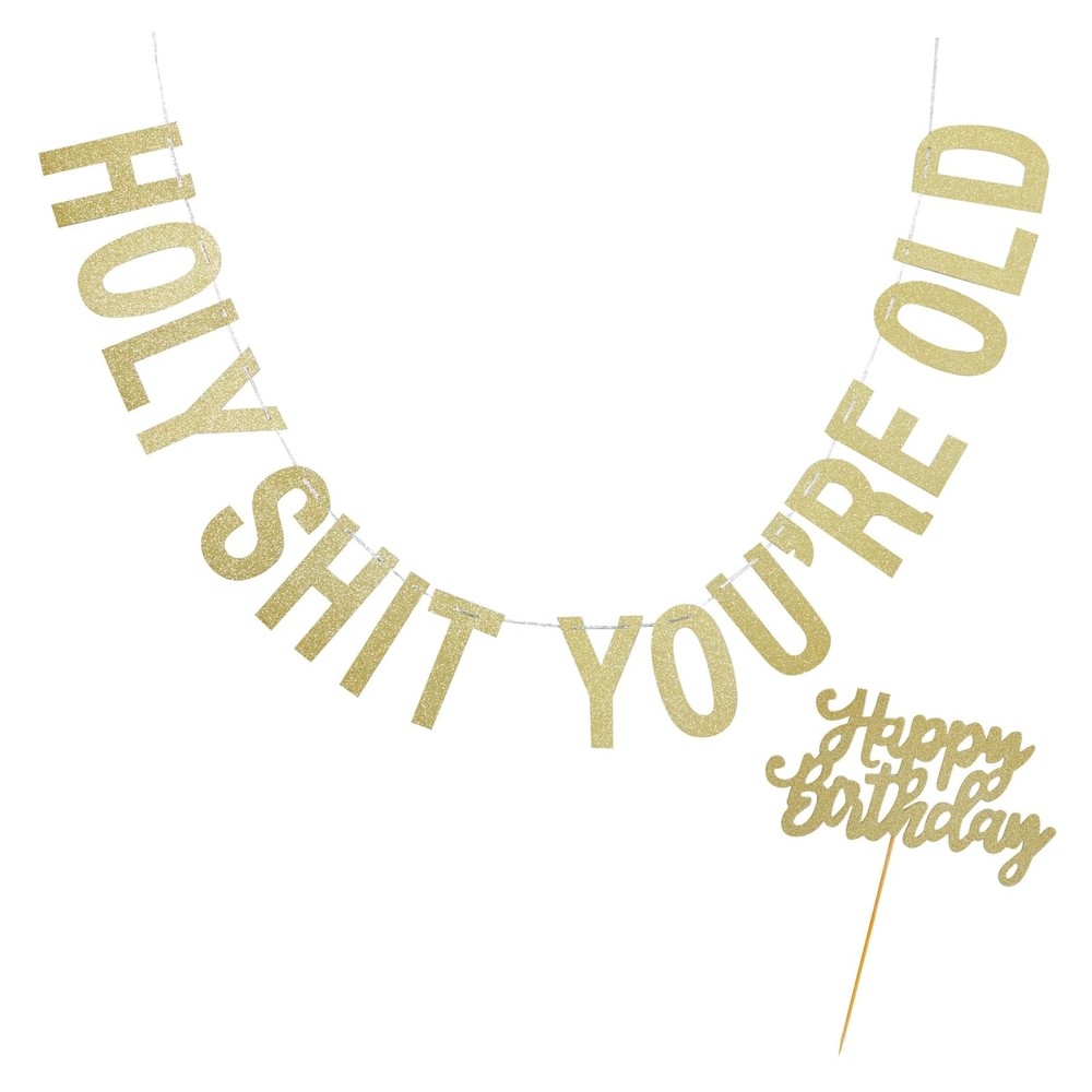 BLUE PANDA Funny Birthday Sign Banner & Cake Topper Set – 10 Ft Gold – gold