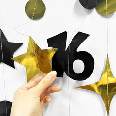 Black Gold 16Th Birthday Decorations Number 16 Circle Dot Twinkle Star Garland S