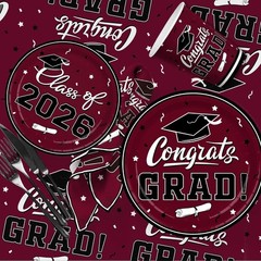 Disposable Maroon Graduation Tableware Set – Plates, Napkins, and Banners for 25