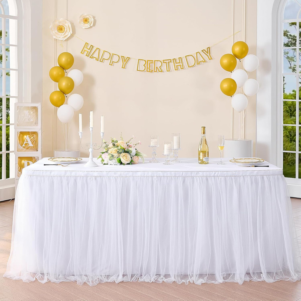 Suppromo 6Ft White Tulle Table Skirt for Rectangle Tables or round Tables Tutu T