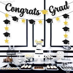 2026 Graduation Decorations – Glitter Black & Gold Congrats Grad Banner 10ft | C