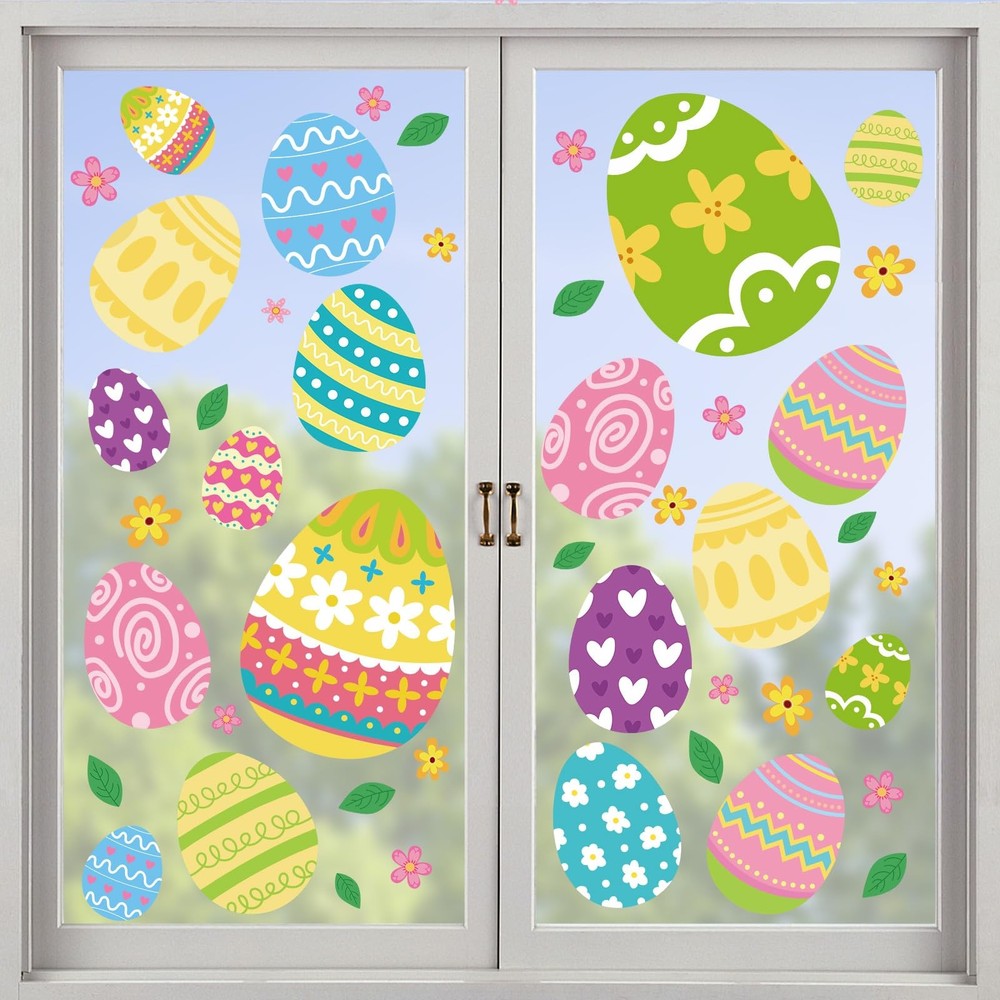 Happy Easter Egg Window Clings 6 Sheets, Green Pink Large Size, Multicolor