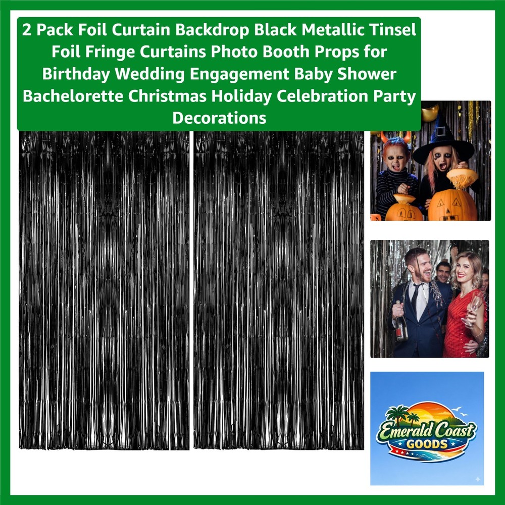 Elegant 2 Pack Black Metallic Foil Fringe Curtains for Stunning Party Backdrops