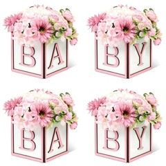4 PCS Baby Shower Boxes Decorations Wood Blocks Printed Letter Pink Centerpiece