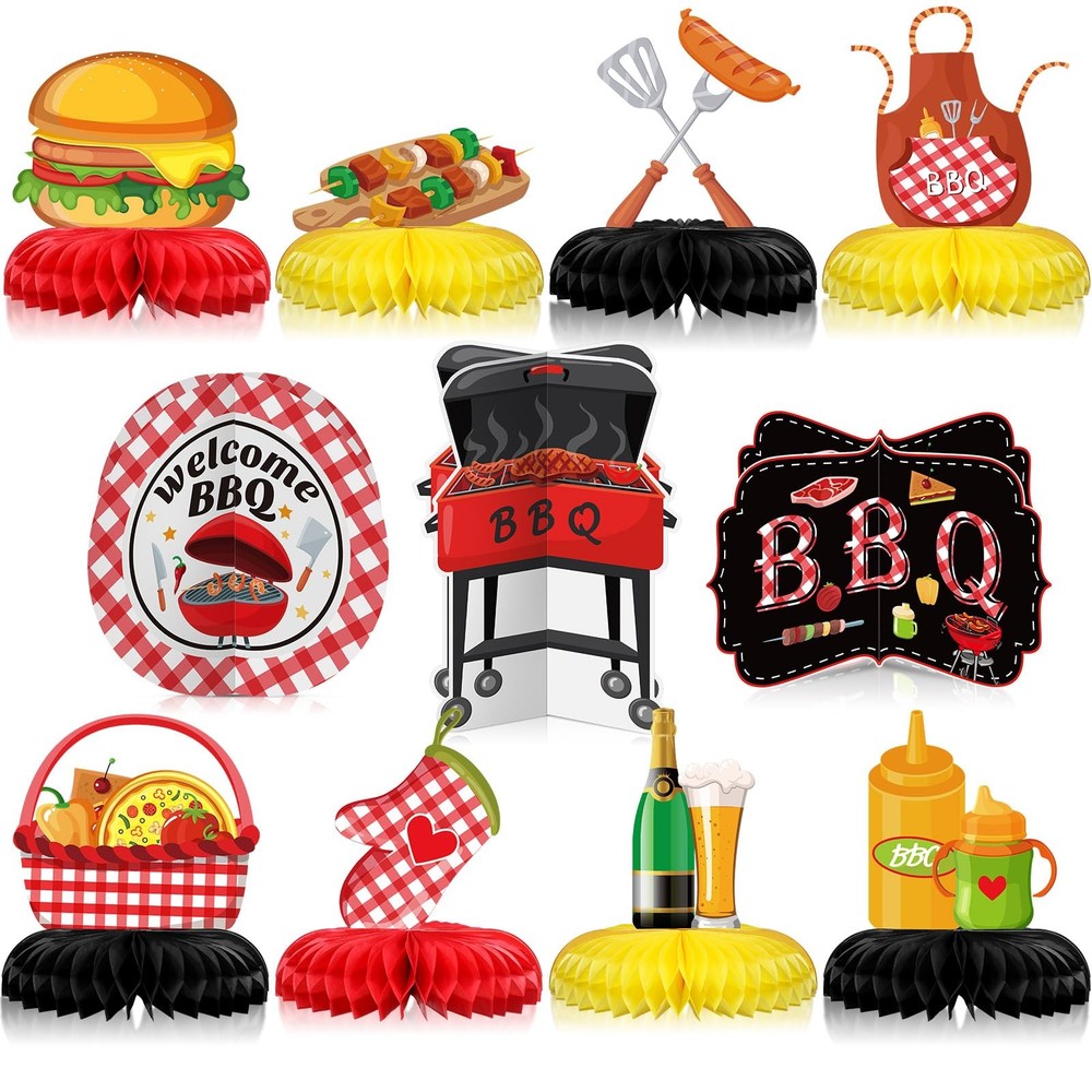 11 Pcs BBQ Party Decorations Honeycomb Centerpieces, Red Gingham Table Topper…