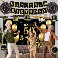 50Th Birthday Decorations, Black Gold 50 Years Old Birthday Party Supplies, Gold