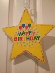 Happy Birthday STAR sign Handcrafted USA thin canvas on cardbrd cut-outs glitter