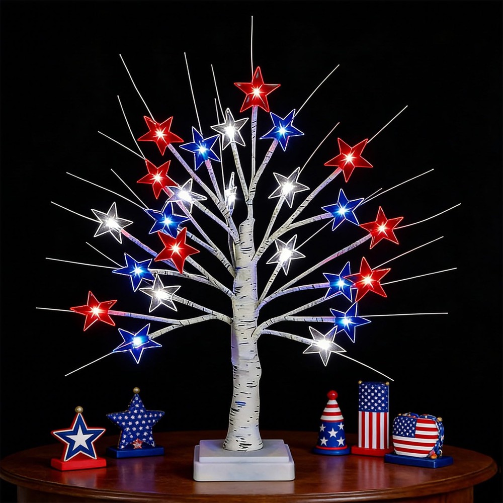 【Timer】 4th of July Decorations Patriotic Red White and Blue Tree Lights with…