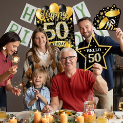 7Pcs Black Gold 50Th Birthday Yard Sign Decorations for Men and Women, Happy 50T