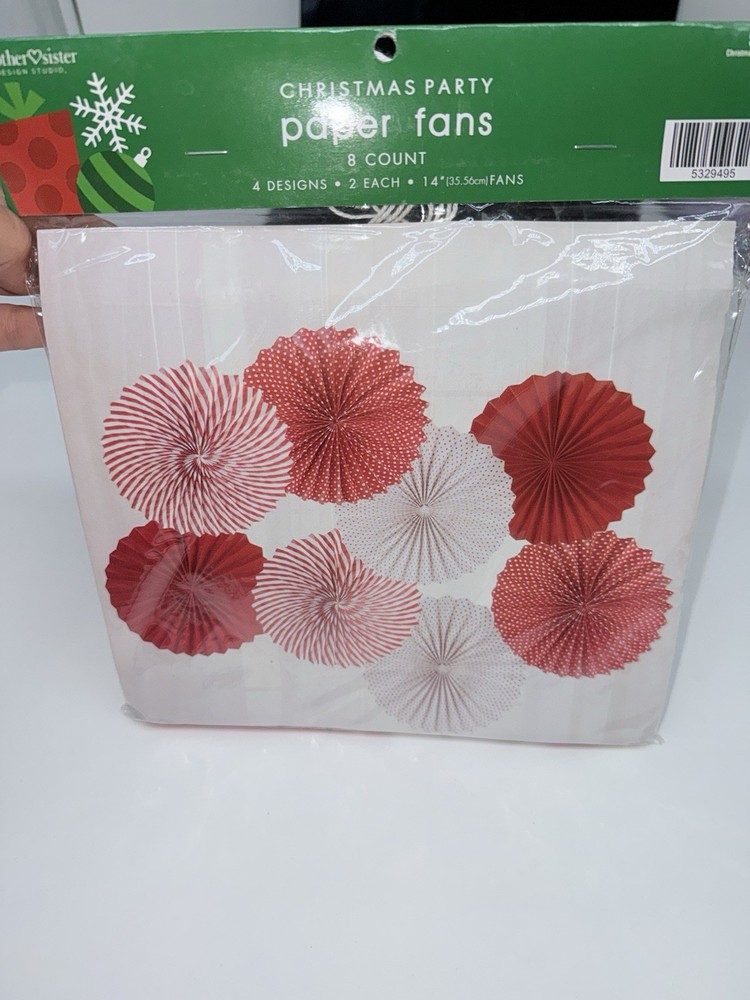 Christmas Party Paper Fans 8 Count, 4 Designs, 2 Of Each, 14”