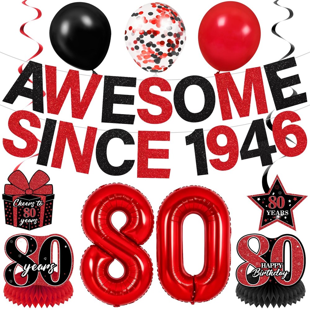 Red And Black 80th Birthday Decorations For Men Women 32 Inch Number Balloons