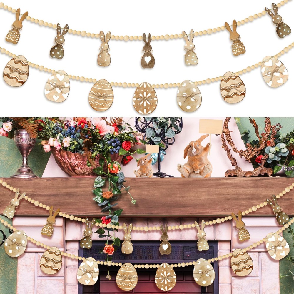 2 Pcs Easter Garland Wooden Rabbit Egg 6 FT Wooden Beads Easter Banner Rustic…