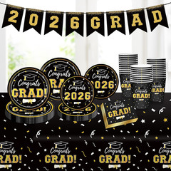 Graduation Decorations 2026 Disposable Black Graduation Tableware Kit for 25 Gue