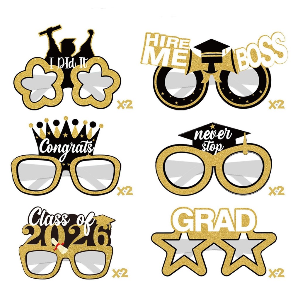 12 Pcs 2026 Graduation Photo Booth Props – Gold & Black Glitter Graduation Gl…