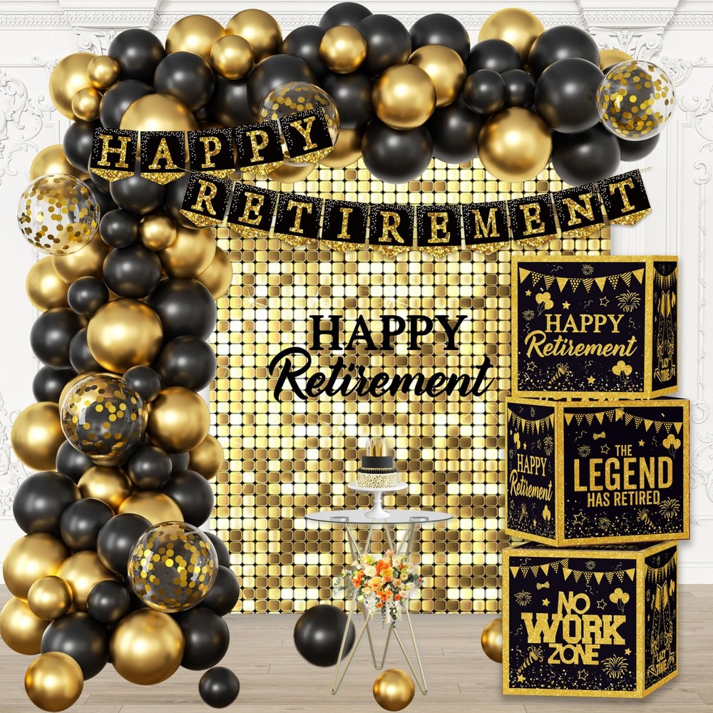 Happy Retirement Party Decorations Kit for Men Women, Black Gold Retirement