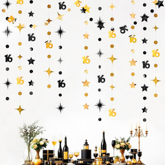 Black Gold 16Th Birthday Decorations Number 16 Circle Dot Twinkle Star Garland S