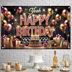 Happy Birthday Backdrop Banner for Women Girls 5.92 ft x 3.58 ft, Gold Pink