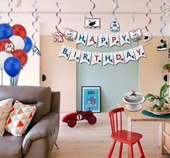 Complete Hockey Birthday Decorations: Banner, Balloons, Swirls & Tablecloth