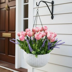 Artificial Tulips Flowers Hanging Basket for Indoor Outdoor, Realistic Pink F…