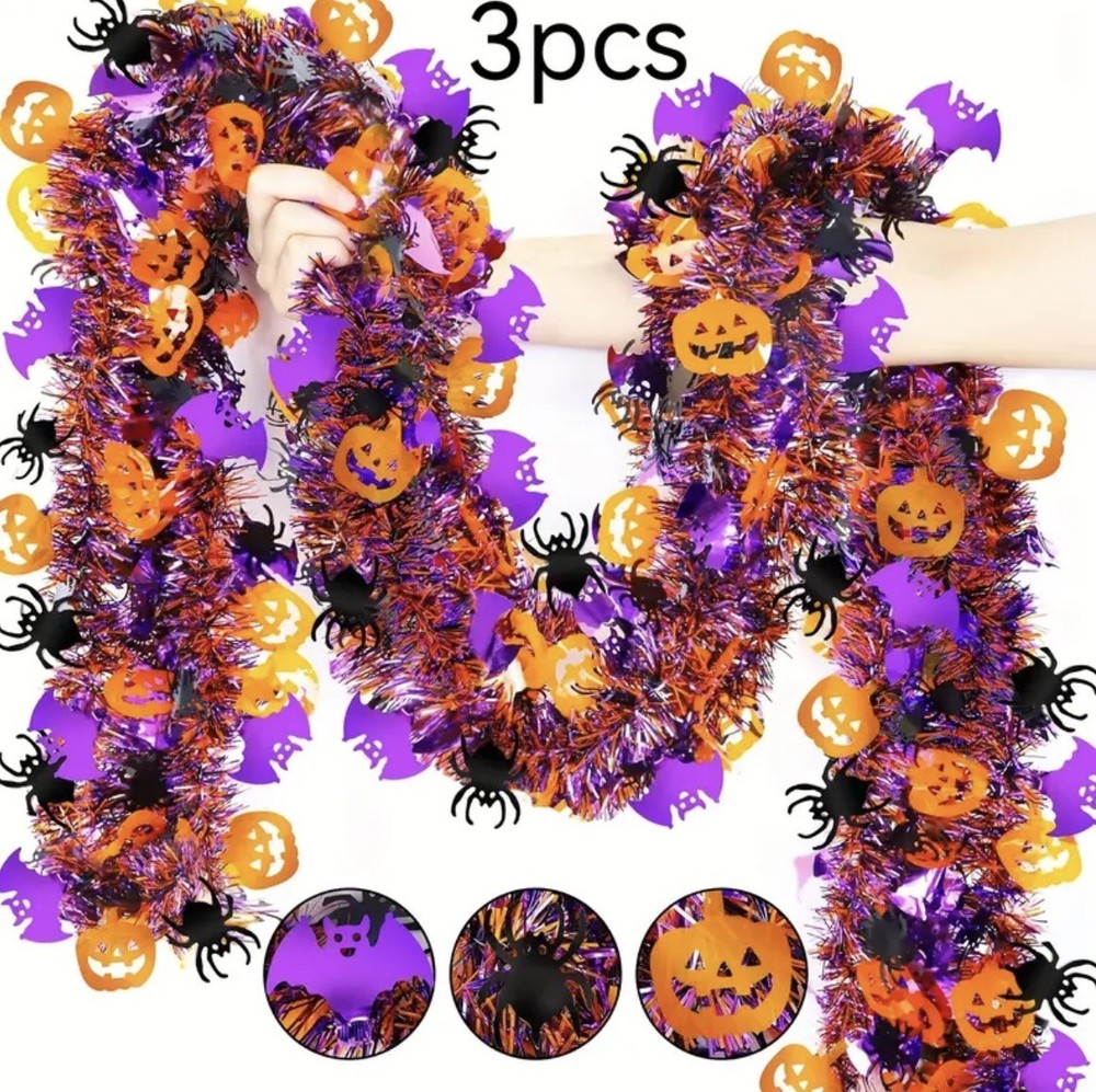 3pcs Halloween Garland Orange Pumpkins, Black Spiders & Purple Bats Tinsel 2M