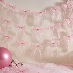 4 Pcs Pink Bow Garland Banner, Pre Strung Pink Bowknot Coquette Ribbon Party