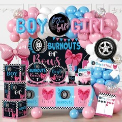 Gender Reveal Decorations 287pcs Burnouts or Bows Plates Backdrop Tablecloths