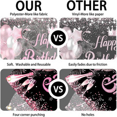 5X3FT Pink and Black Glitter Birthday Decorations Women Happy Birthday Sign
