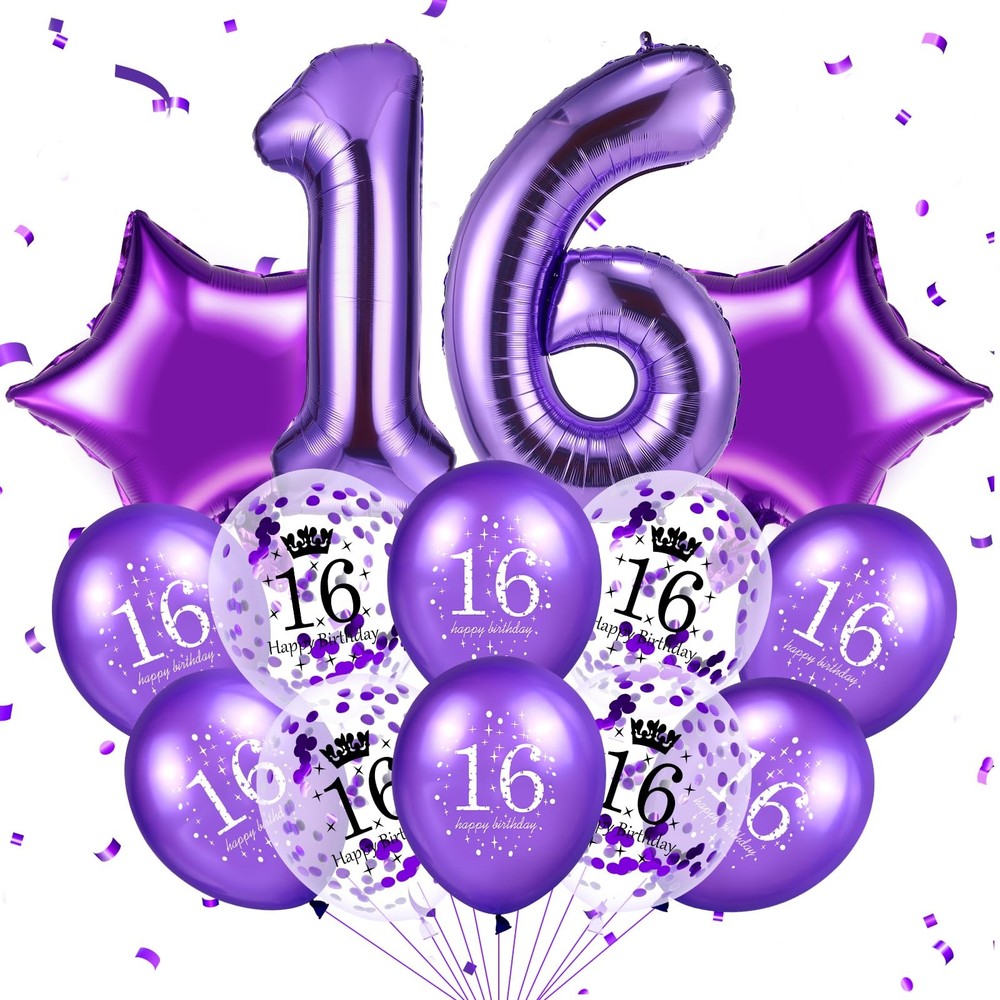 Purple 16th Balloon Decorations Set for Girls 40 Inch Large Number 16 Star Fo…
