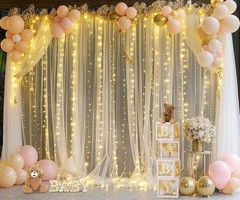 Champagne Tulle Backdrop Curtain with Lights String for Parites Wedding 5x8ft