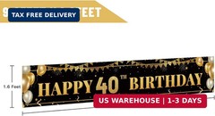 Large Happy 40th Birthday Decoration Banner, Black and Gold Happy 40th Birthday