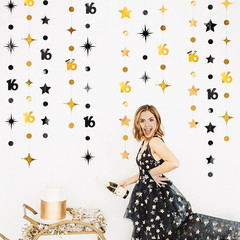 Black Gold 16Th Birthday Decorations Number 16 Circle Dot Twinkle Star Garland S