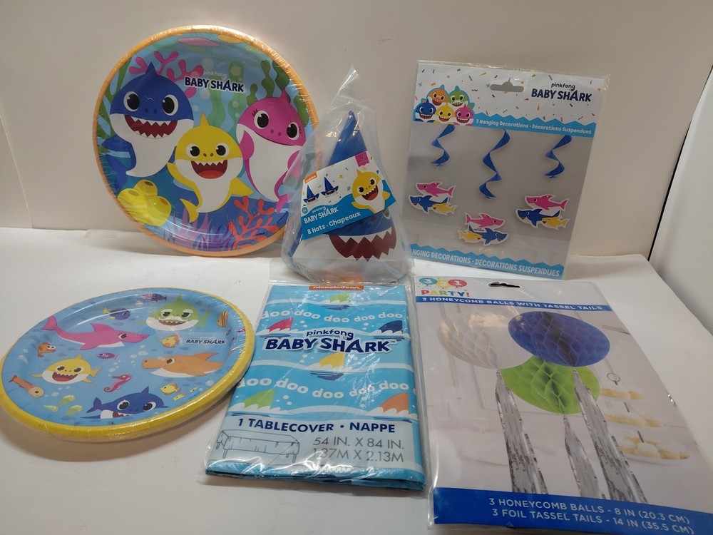 Baby Shark Birthday Party Supplies-Plates, Hanging Decorations, Table Cloth, Hat