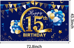 Blue Gold 15Th Birthday Banner Decorations for Boy – Backdrop Party Supplies – 1