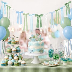 Blue Green Gingham Bow Garland, Blue and Sage Green Gingham Bow Banner