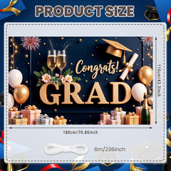 2026 Graduation Banner Decorations Navy Blue Gold Balloons Congrats Grad Backdro